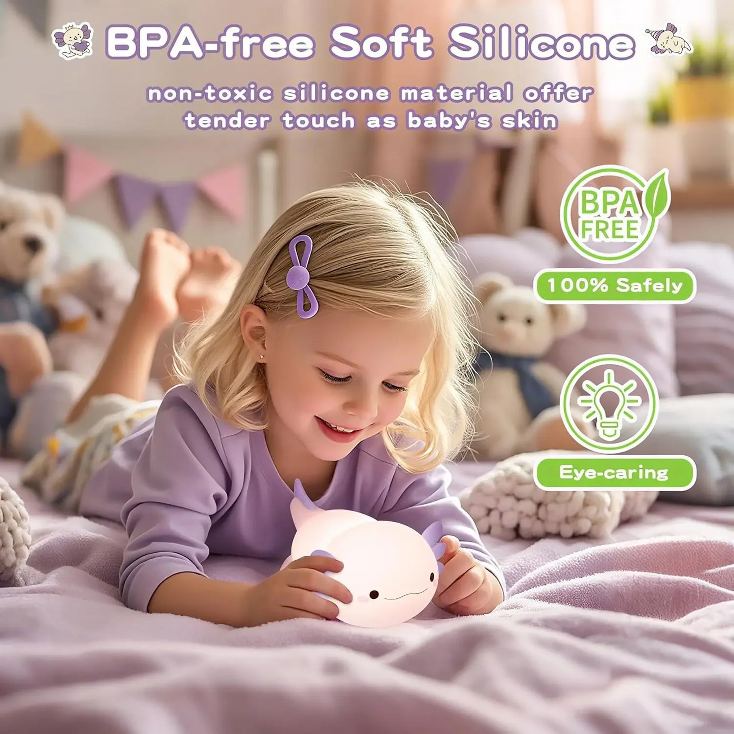 Veilleuse axolotl silicone — Lampe de Nuit LED Kawaii Rechargeable | Chambre Enfant & Bébé