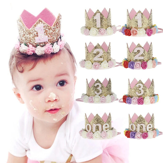 Couronne Anniversaire Bébé Fille 1 2 3 Ans – Chapeau Fleurs Rose Blanc Sequins Accessoire Photo