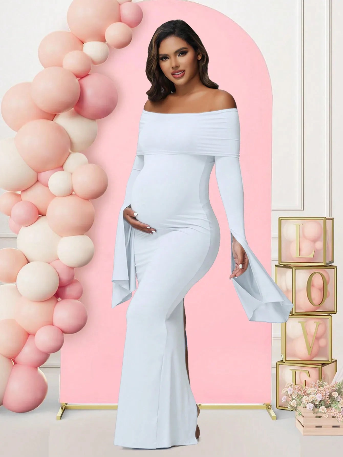 Robe Maternité Séance Photo — Épaules Dénudées, Manches Longues, Bodycon Grossesse