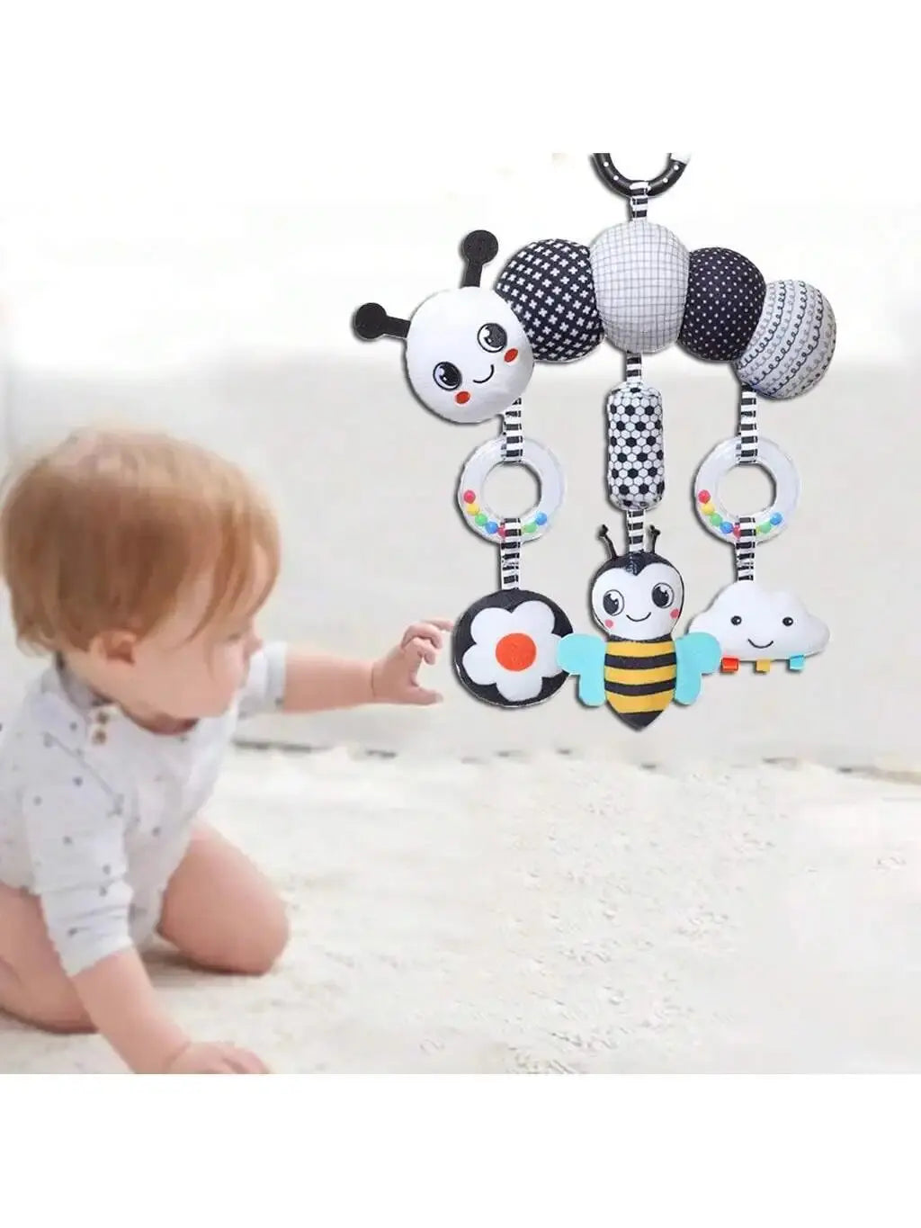 Hochet Suspendu Bébé Peluche Animal Noir & Blanc – Poussette Siège Auto Lit Éveil Nouveau-Né 0-36 Mois
