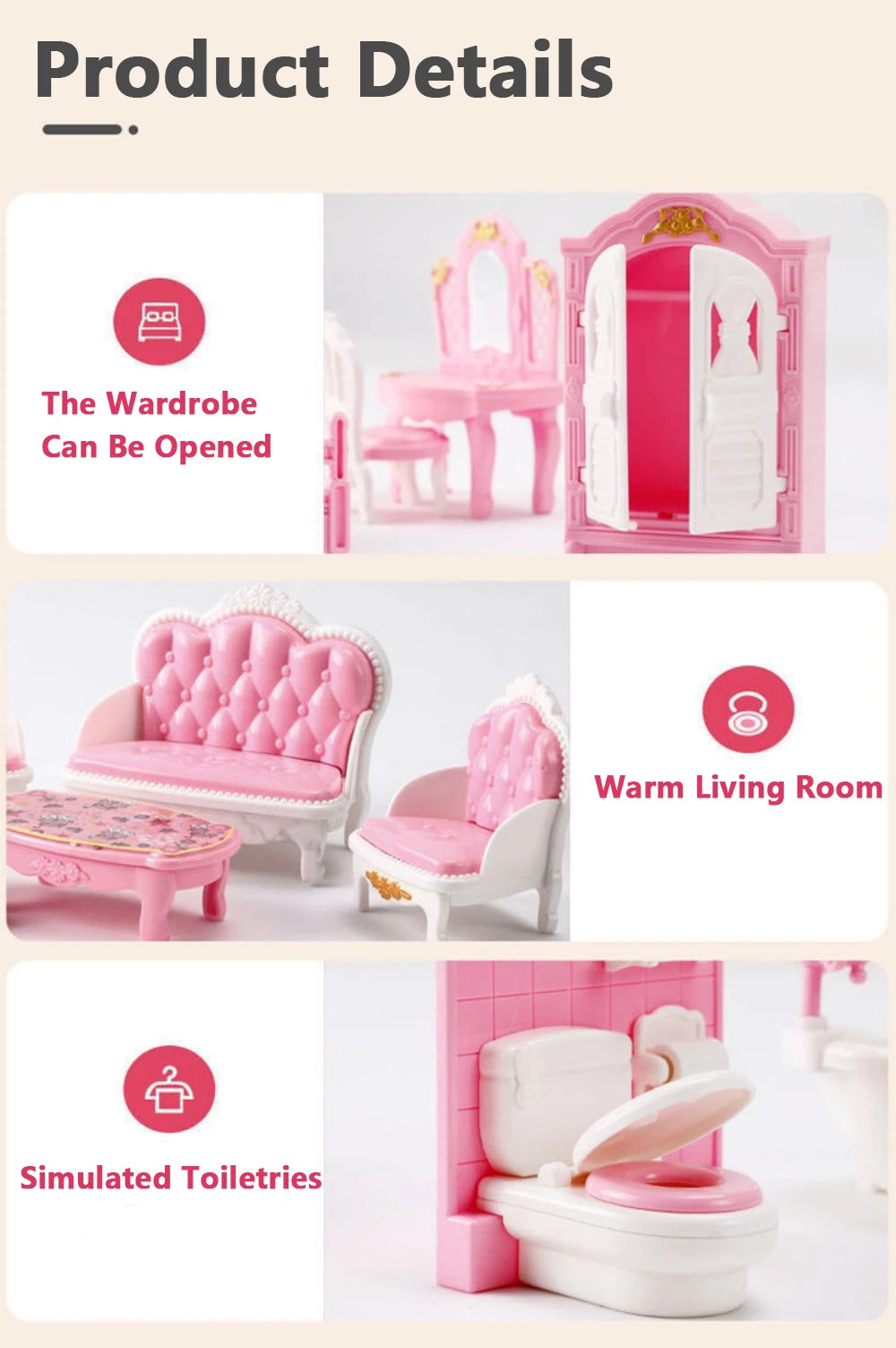 Mobilier Miniature 1:12 Maison de Poupée – Cuisine, Lit Superposé, Bus Rose & Accessoires Fille