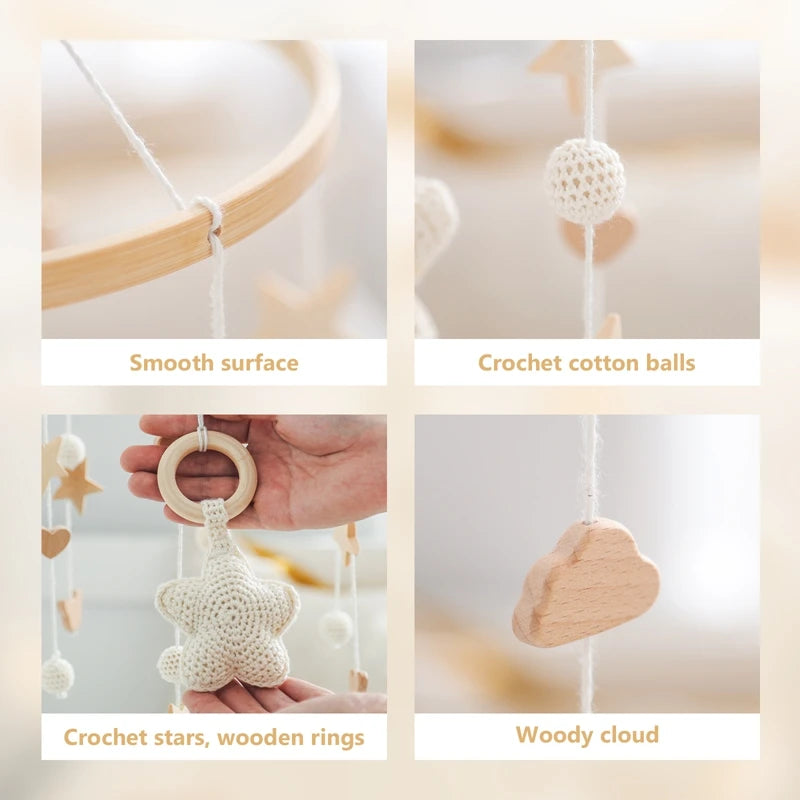 Mobile Hochet Bois & Crochet Bébé – Cloche Lit Étoiles & Pendentifs | Support Nuage | 27 Modèles