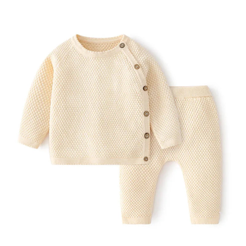 Ensemble Tricot Bébé Pyjama 2 Pièces — Pull Coton Boutonné & Pantalon, Unisexe 0-3M à 2-3 Ans