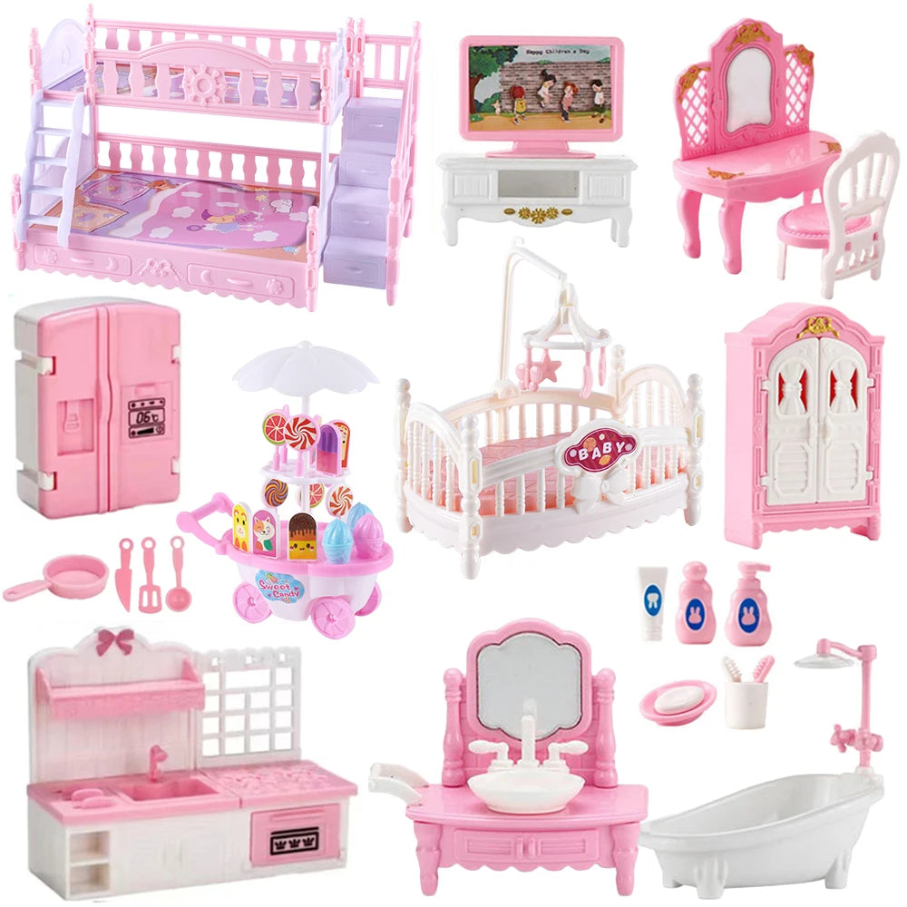 Mobilier Miniature 1:12 Maison de Poupée – Cuisine, Lit Superposé, Bus Rose & Accessoires Fille