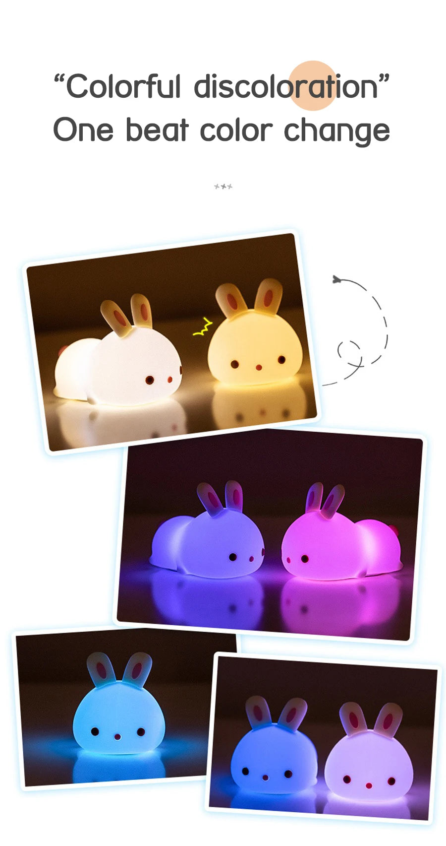 Veilleuse lapin bébé RGB — Silicone Tactile 16 Couleurs Rechargeable USB | Chambre Bébé & Enfant