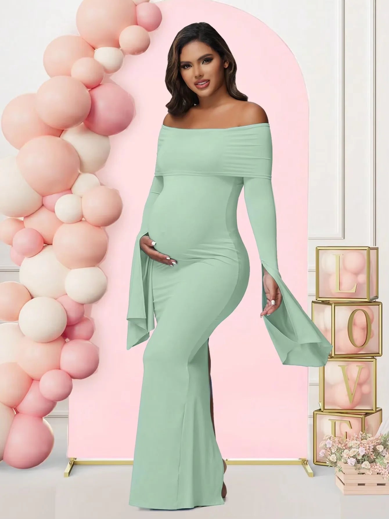 Robe Maternité Séance Photo — Épaules Dénudées, Manches Longues, Bodycon Grossesse