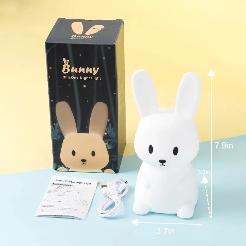 Veilleuse lapin silicone 7 couleurs — LED Rechargeable USB-C Minuterie 3h | Cadeau Naissance Chambre Fille