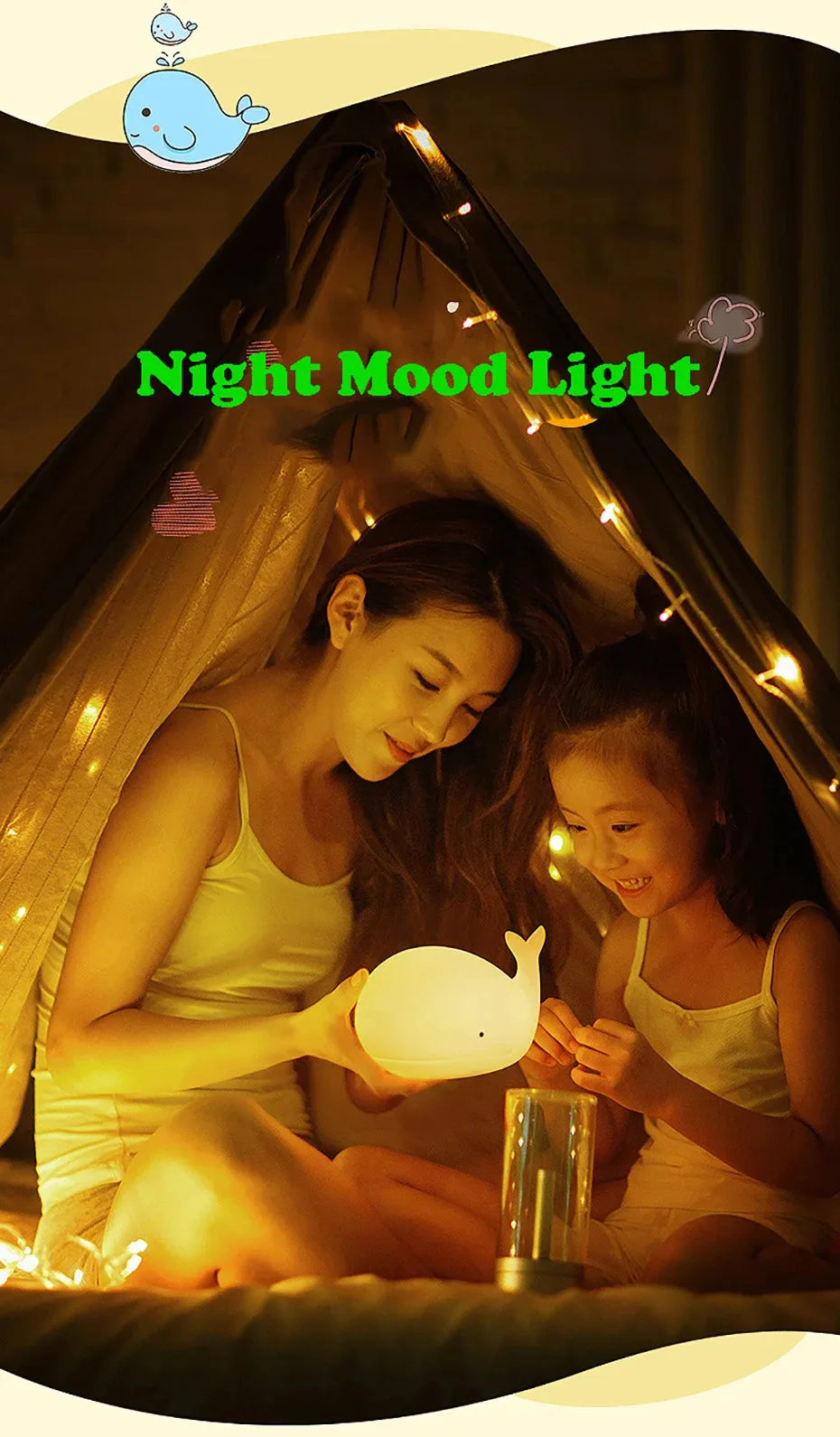 Veilleuse baleine bébé silicone — LED 7 Couleurs Tactile Rechargeable USB Minuterie 3h | Chambre Bébé & Enfant
