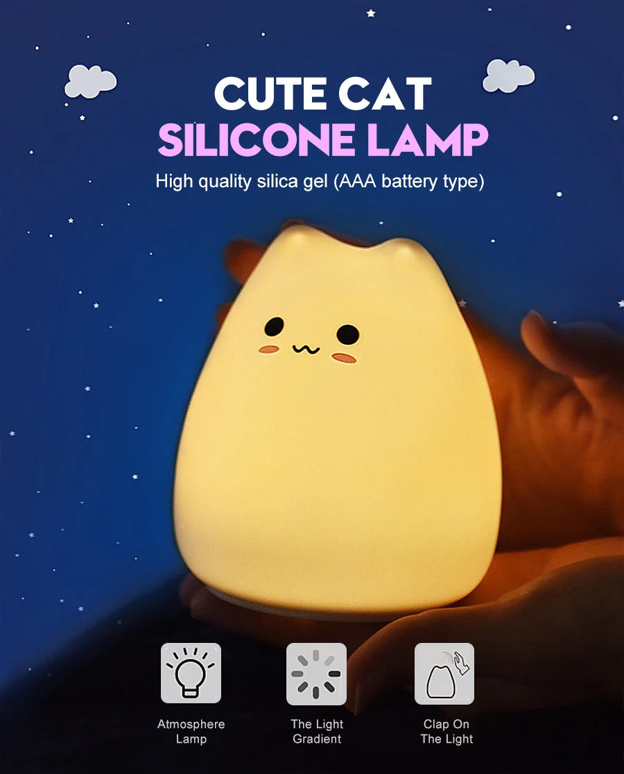 Veilleuse chat silicone kawaii — LED Tactile 7 Couleurs Rechargeable | Lampe Nuit Chambre Bébé Enfant