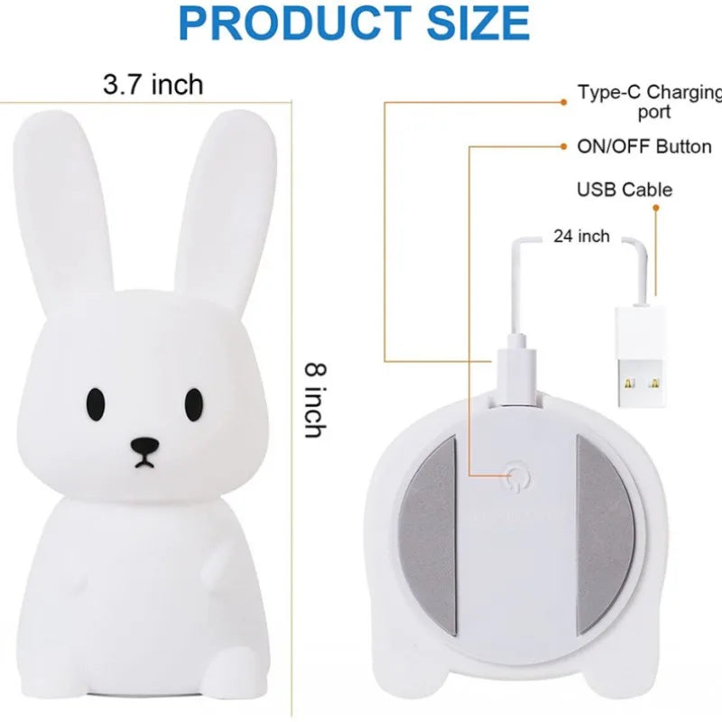 Veilleuse lapin silicone 7 couleurs — LED Rechargeable USB-C Minuterie 3h | Cadeau Naissance Chambre Fille