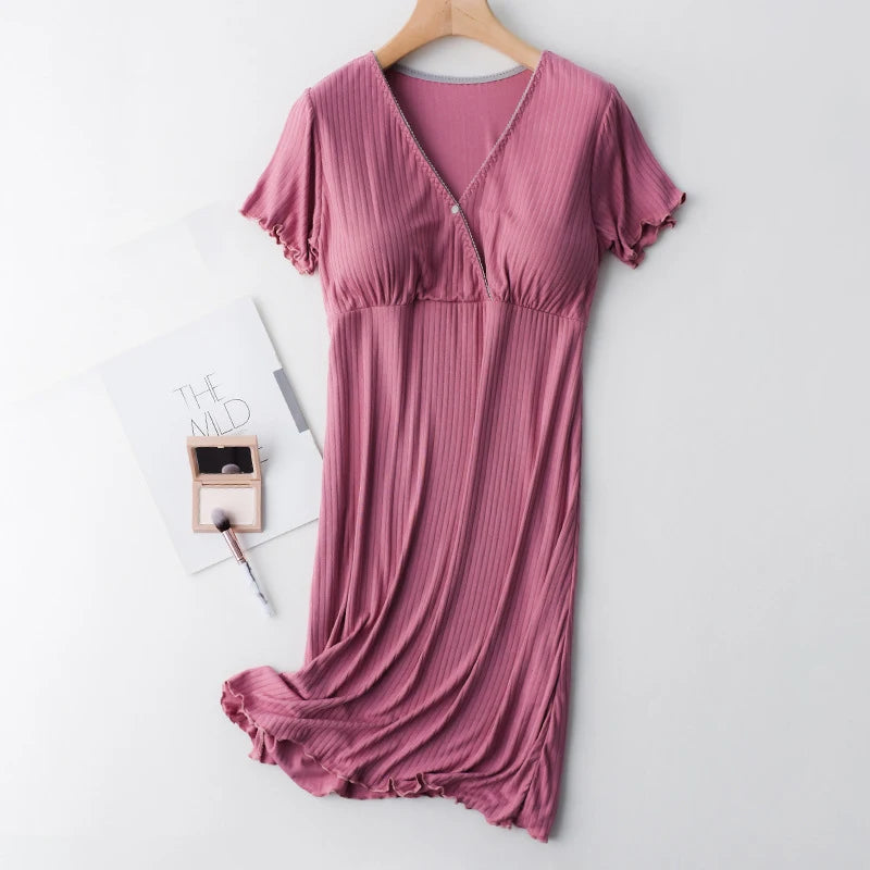 Chemise de Nuit Maternité Allaitement — Modal Doux, Pyjama Grossesse Ample Femme