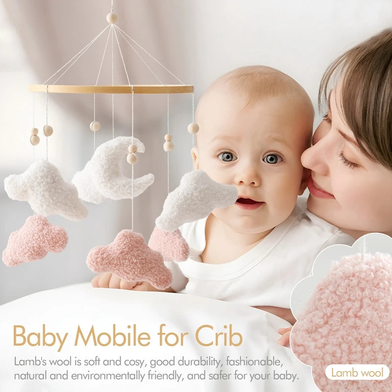 Mobile Lit Bébé Musical et Lumineux – Bois Naturel, Hochet Feutre Doux & Boîte à Musique Nouveau-Né