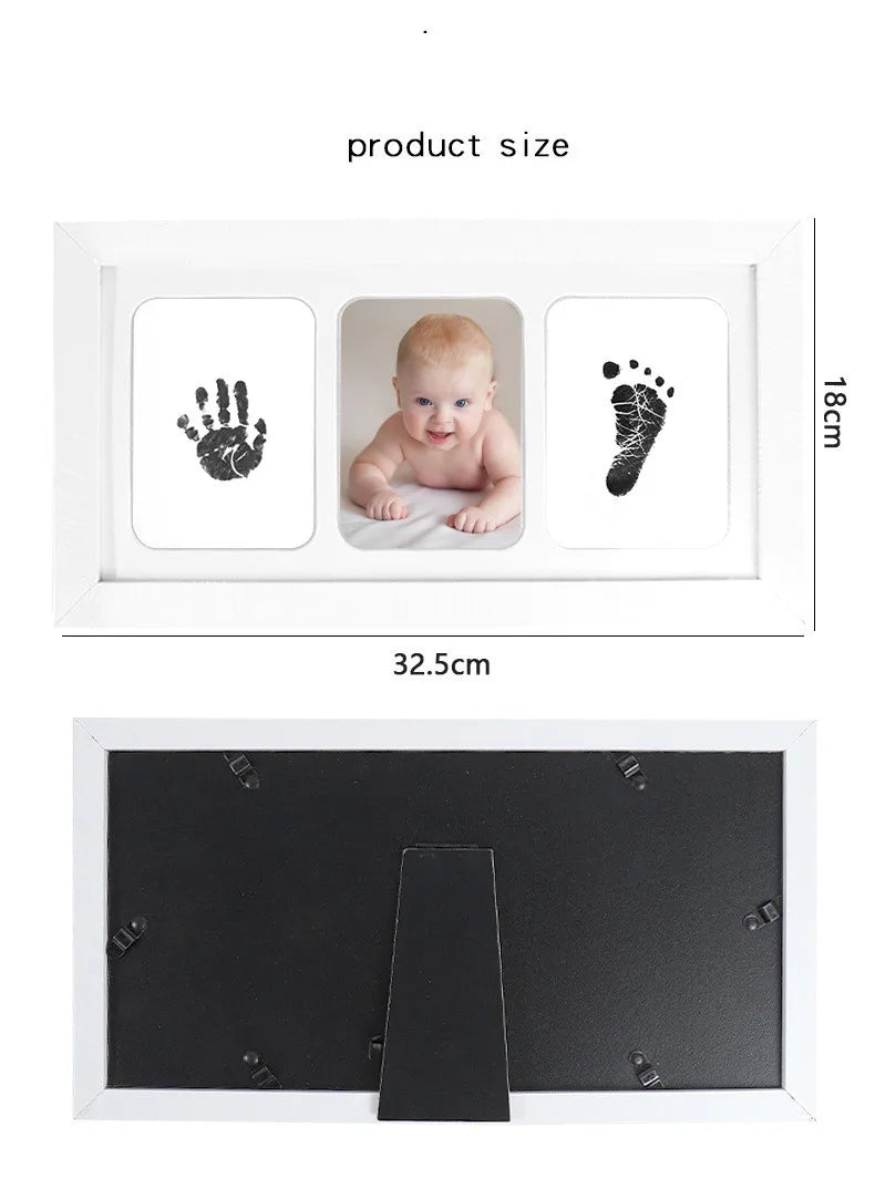 Kit Empreintes Bébé Premium – Cadre Photo 32x18cm + Tampon Encre | Souvenir Naissance 0-6 Mois