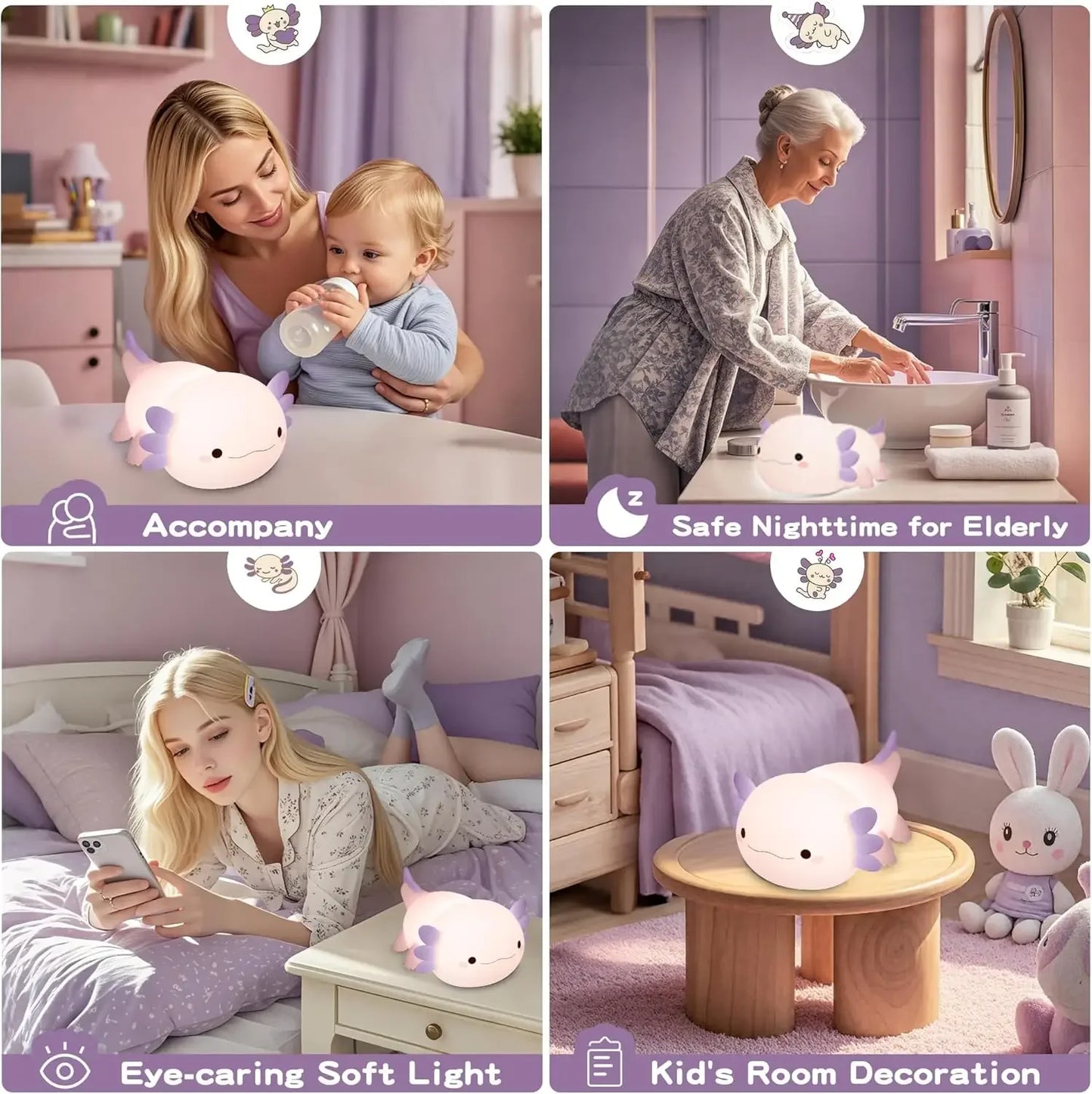 Veilleuse axolotl silicone — Lampe de Nuit LED Kawaii Rechargeable | Chambre Enfant & Bébé