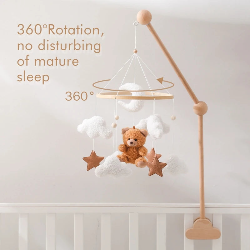 Mobile Lit Bébé Musical et Lumineux – Bois Naturel, Hochet Feutre Doux & Boîte à Musique Nouveau-Né