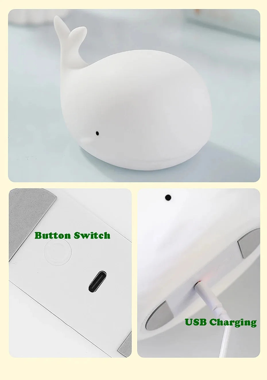 Veilleuse baleine bébé silicone — LED 7 Couleurs Tactile Rechargeable USB Minuterie 3h | Chambre Bébé & Enfant