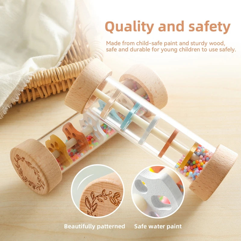 Bâton de Pluie Bébé Bois Montessori – Hochet Sensoriel Arc-en-Ciel Coloré Éveil 0-3 Ans