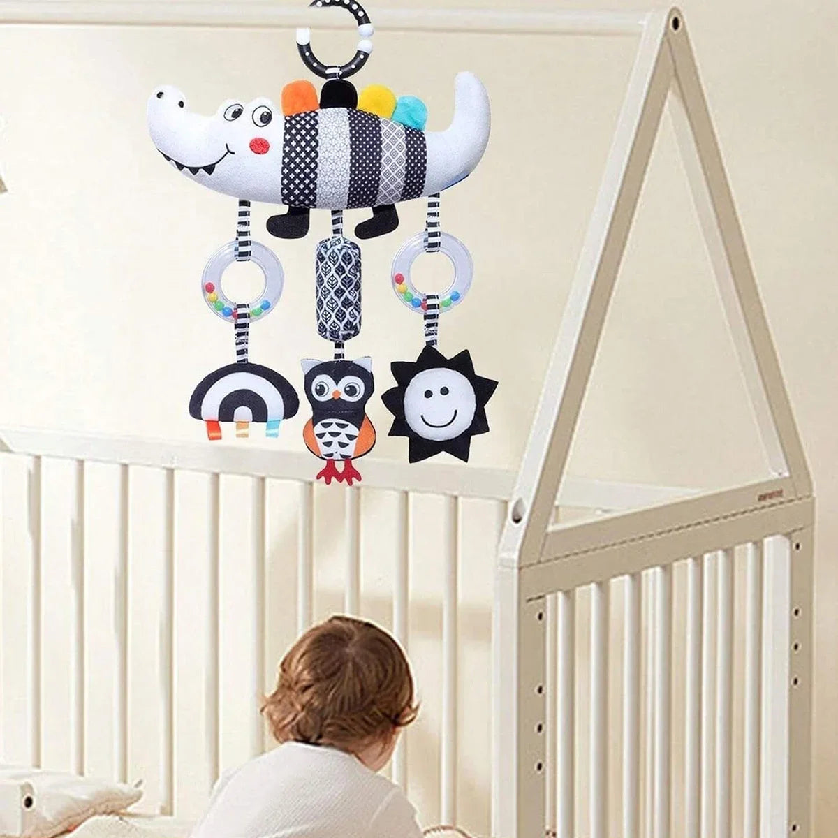 Hochet Suspendu Bébé Peluche Animal Noir & Blanc – Poussette Siège Auto Lit Éveil Nouveau-Né 0-36 Mois