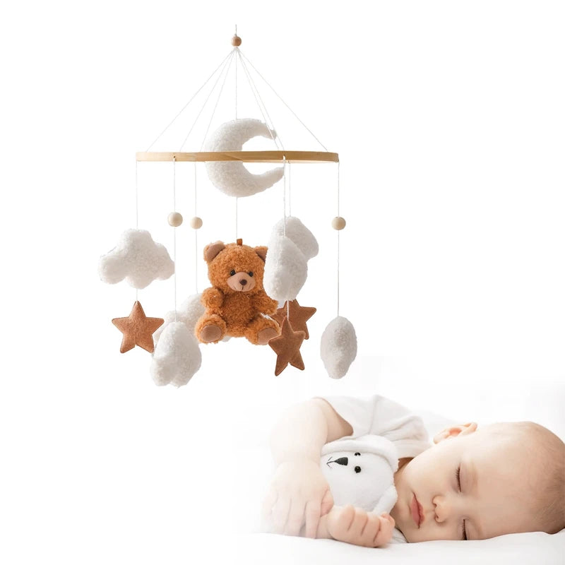 Mobile Lit Bébé Musical et Lumineux – Bois Naturel, Hochet Feutre Doux & Boîte à Musique Nouveau-Né