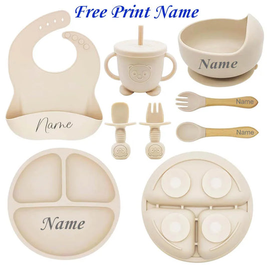 Personalized Silicone Baby Feeding Set with Name – 8-Piece Set Suction Plate Bowl Cup Cutlery BPA-Free Baby Shower Gift
