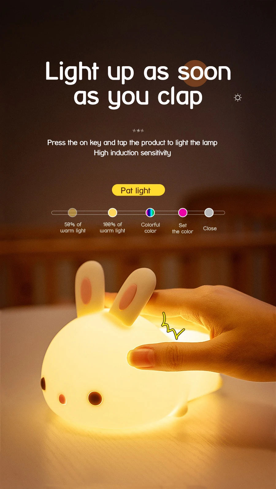 Veilleuse lapin bébé RGB — Silicone Tactile 16 Couleurs Rechargeable USB | Chambre Bébé & Enfant
