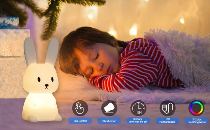 Veilleuse lapin silicone 7 couleurs — LED Rechargeable USB-C Minuterie 3h | Cadeau Naissance Chambre Fille