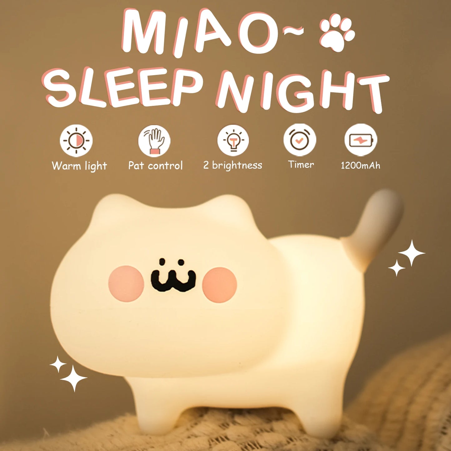 Veilleuse chat silicone kawaii — LED Tactile 7 Couleurs Rechargeable | Lampe Nuit Chambre Bébé Enfant