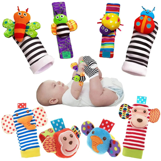 Lot 4 Hochets Poignet & Chaussettes Bébé Animaux – Jouet Éveil Sensoriel Naissance 0-24 Mois Garçon Fille
