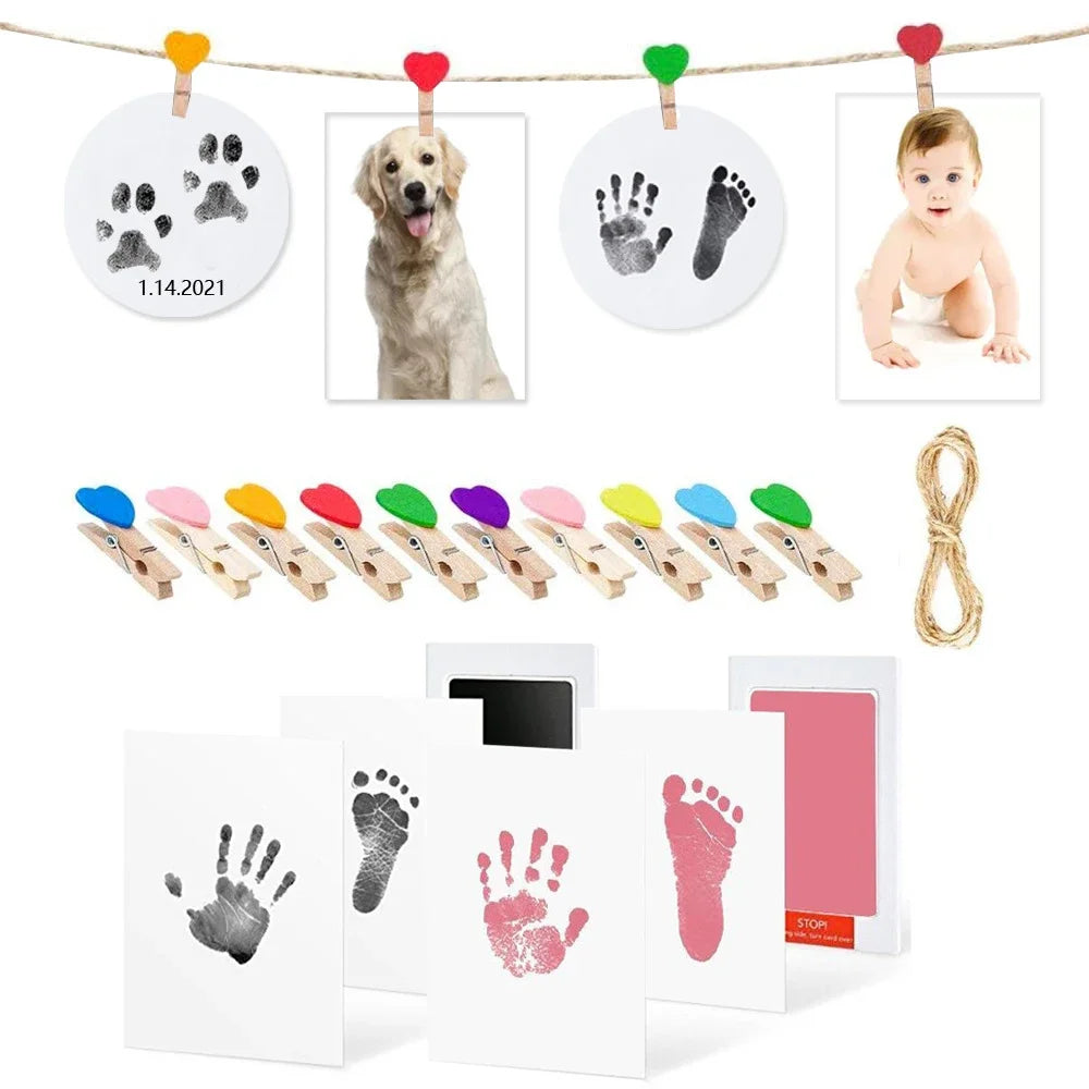 Tampon Empreintes Bébé & Chien 6 Couleurs – Inkless Sans Contact + Cadre 12x8cm | Souvenir Naissance