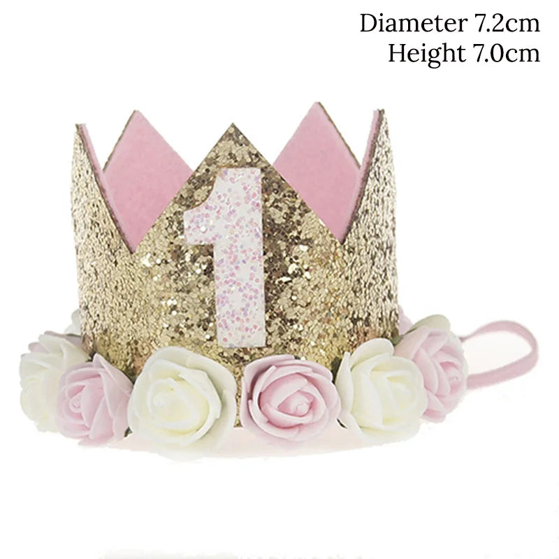 Couronne Anniversaire Bébé Fille 1 2 3 Ans – Chapeau Fleurs Rose Blanc Sequins Accessoire Photo