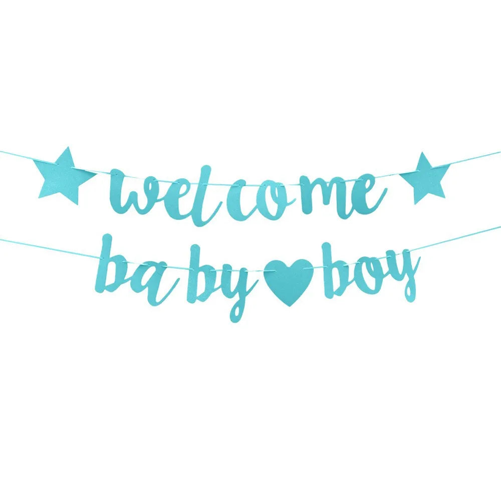 1 Set of Welcome Baby Boy One-year-old Glitter Letter Conjoined Flag Baby Gender Reveal Party Decoration Gift