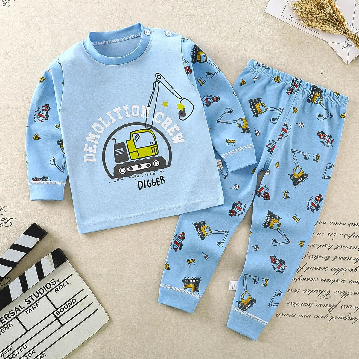 Kids 2-Piece Cotton Pajamas — Cartoon Top & Pants, Unisex Fall Winter 9M-7 Years