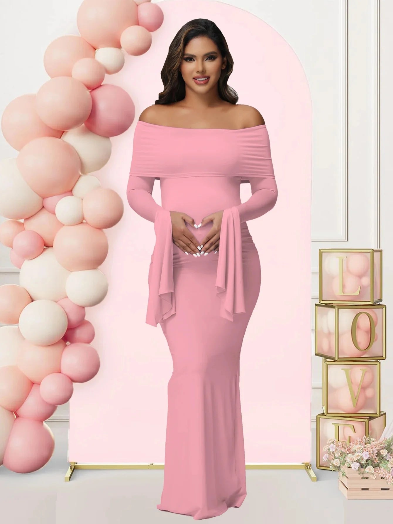 Robe Maternité Séance Photo — Épaules Dénudées, Manches Longues, Bodycon Grossesse
