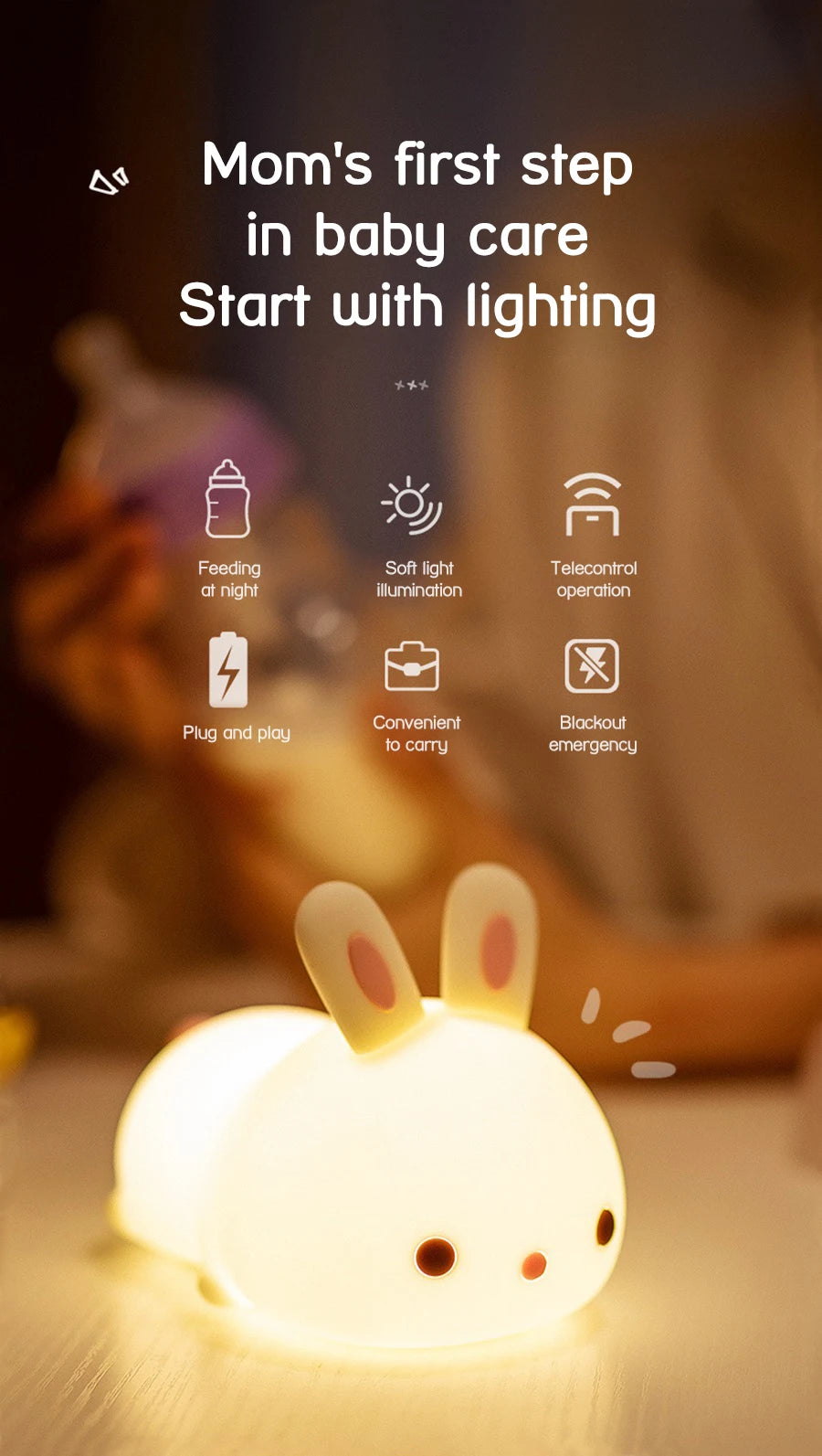 Veilleuse lapin bébé RGB — Silicone Tactile 16 Couleurs Rechargeable USB | Chambre Bébé & Enfant