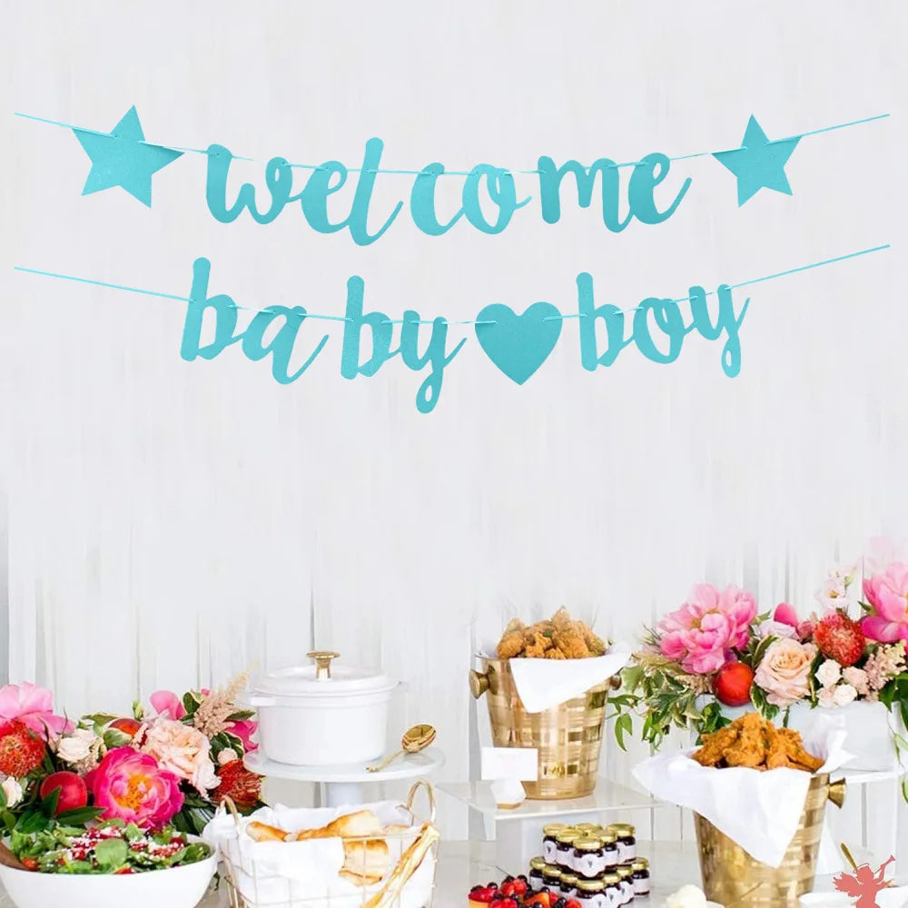 1 Set of Welcome Baby Boy One-year-old Glitter Letter Conjoined Flag Baby Gender Reveal Party Decoration Gift