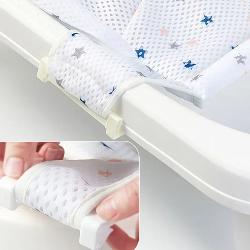 Filet de Bain Bébé avec Coussin Oreiller – Siège Antidérapant Ajustable Nouveau-Né | Rose, Bleu & Étoile