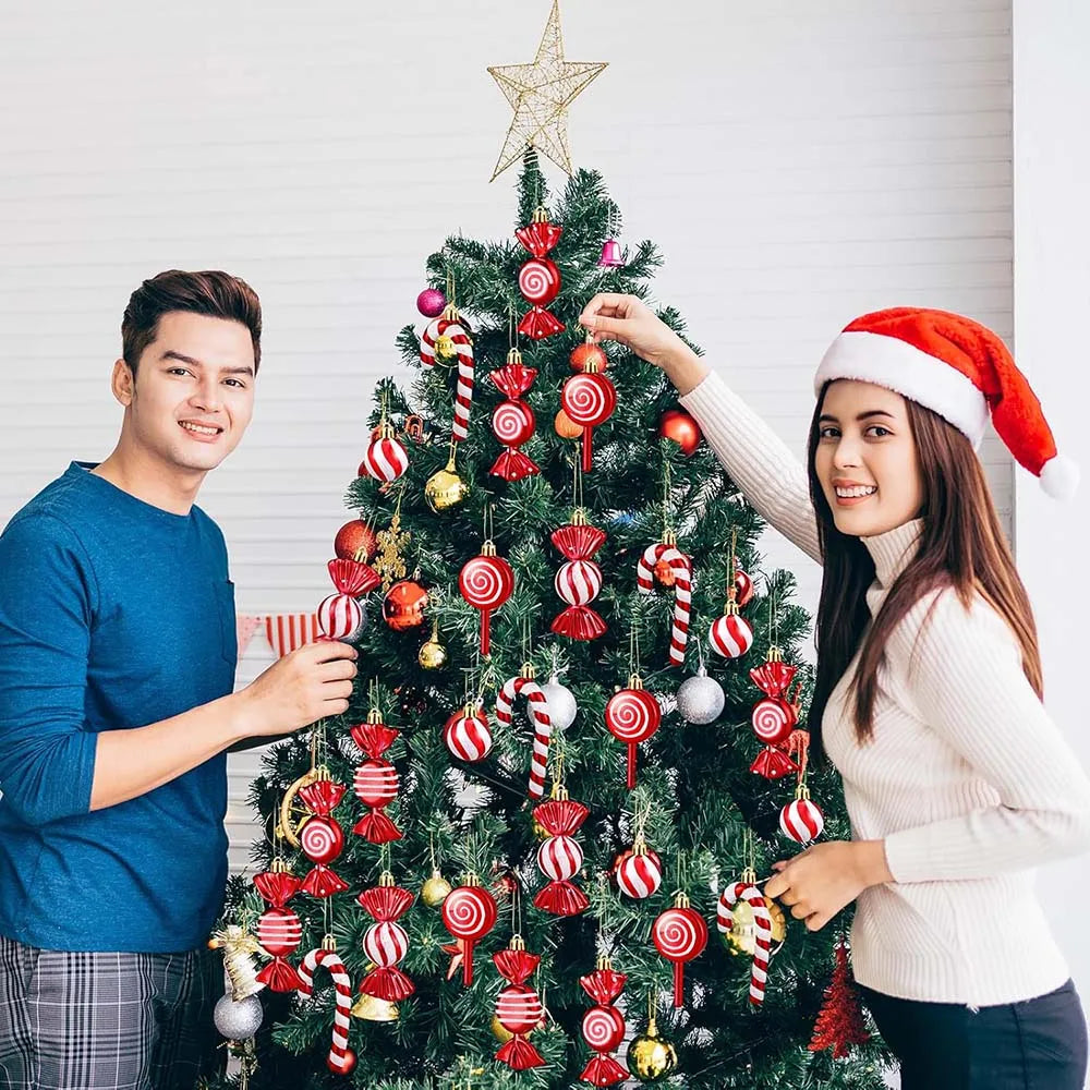 Canne de Bonbon & Pomme de Pin Rouge Or – Décoration Sapin Noël 2025 Tendance, Ornement Suspendu