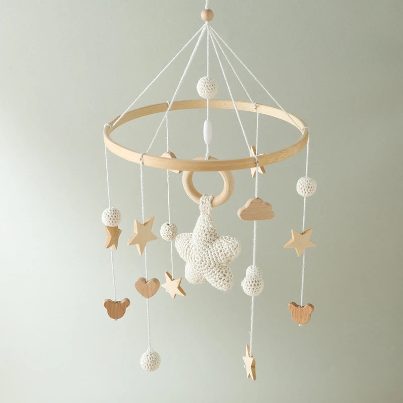 Mobile Hochet Bois & Crochet Bébé – Cloche Lit Étoiles & Pendentifs | Support Nuage | 27 Modèles