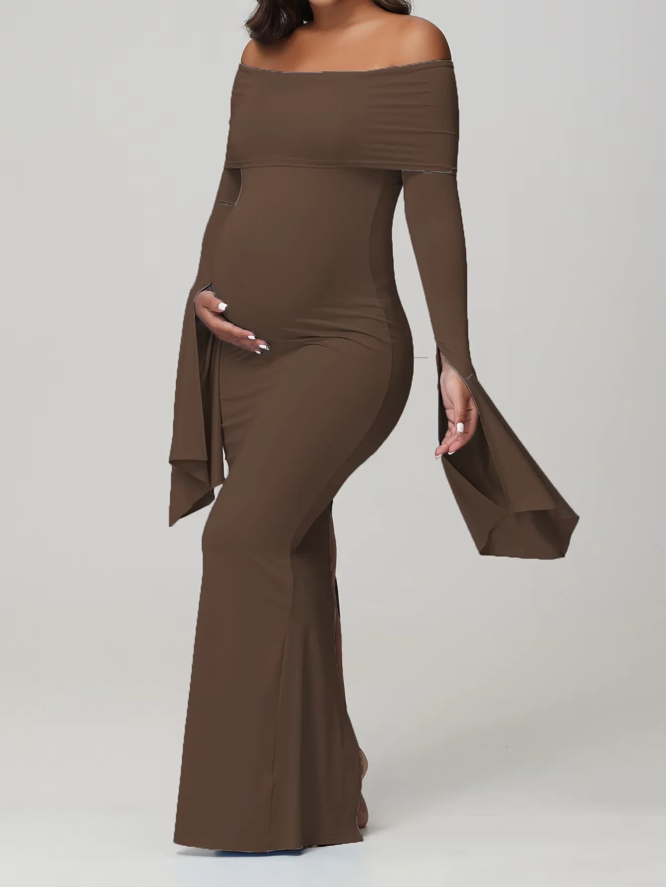 Robe Maternité Séance Photo — Épaules Dénudées, Manches Longues, Bodycon Grossesse
