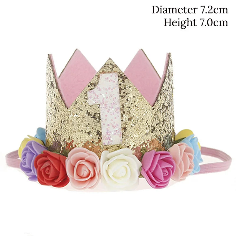 Couronne Anniversaire Bébé Fille 1 2 3 Ans – Chapeau Fleurs Rose Blanc Sequins Accessoire Photo