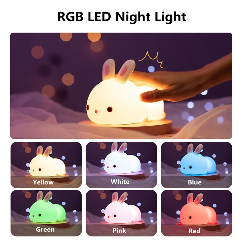 Veilleuse lapin bébé RGB — Silicone Tactile 16 Couleurs Rechargeable USB | Chambre Bébé & Enfant