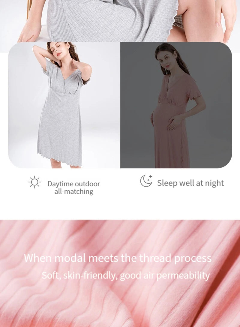 Chemise de Nuit Maternité Allaitement — Modal Doux, Pyjama Grossesse Ample Femme