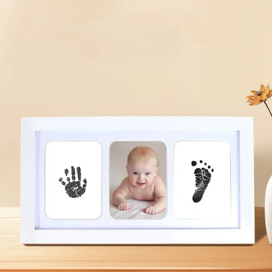 Kit Empreintes Bébé Premium – Cadre Photo 32x18cm + Tampon Encre | Souvenir Naissance 0-6 Mois