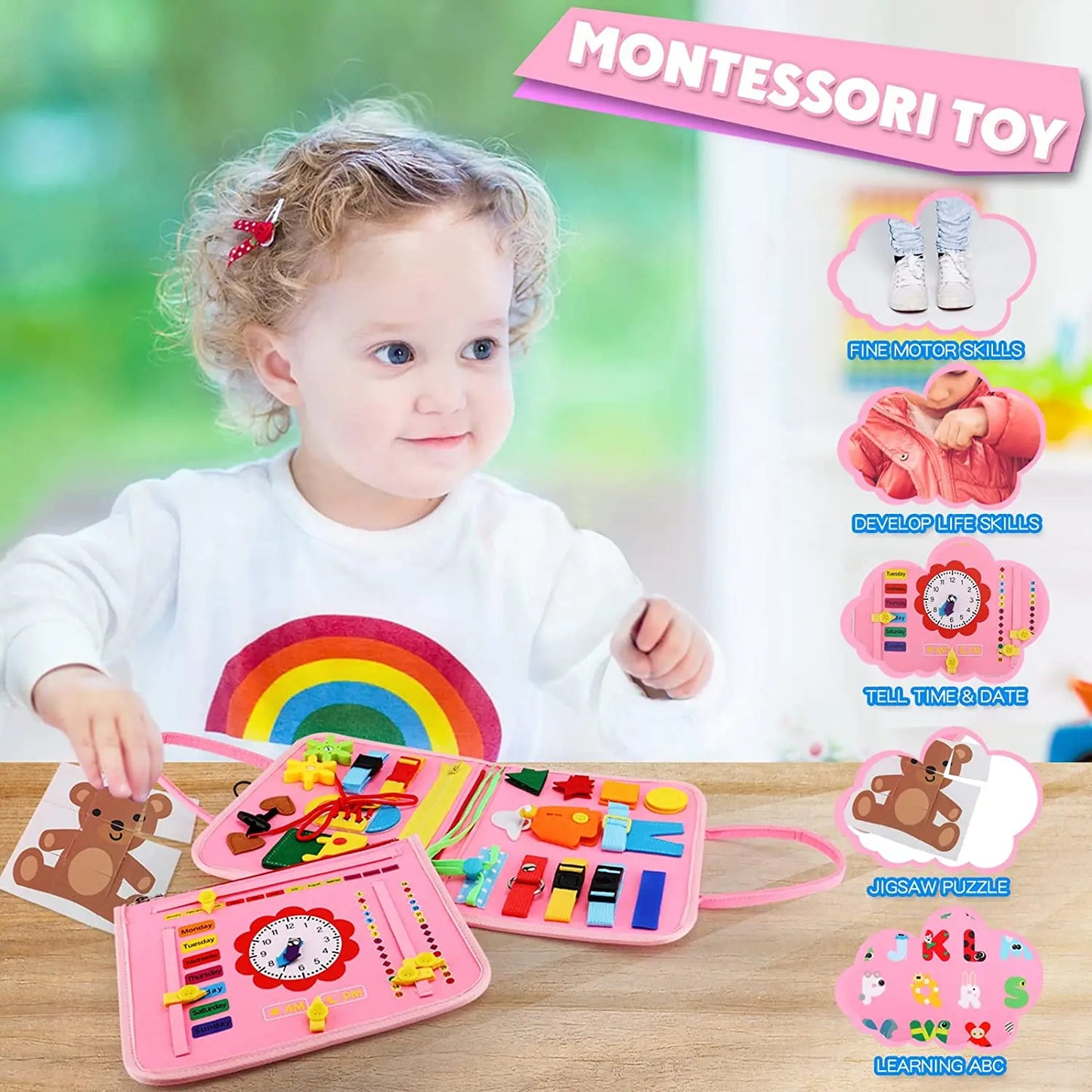 Busy Board Montessori Habillage – Cadre d'Habillage Autonomie Motricité Fine | Fille & Garçon 1-3 Ans