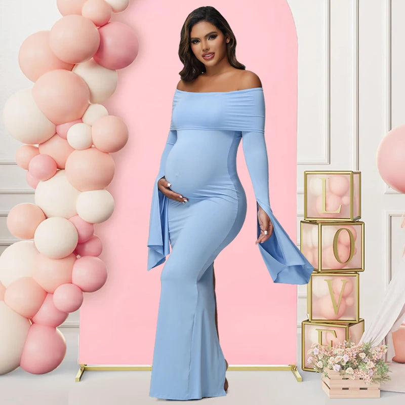 Robe Maternité Séance Photo — Épaules Dénudées, Manches Longues, Bodycon Grossesse