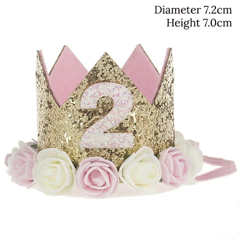 Couronne Anniversaire Bébé Fille 1 2 3 Ans – Chapeau Fleurs Rose Blanc Sequins Accessoire Photo