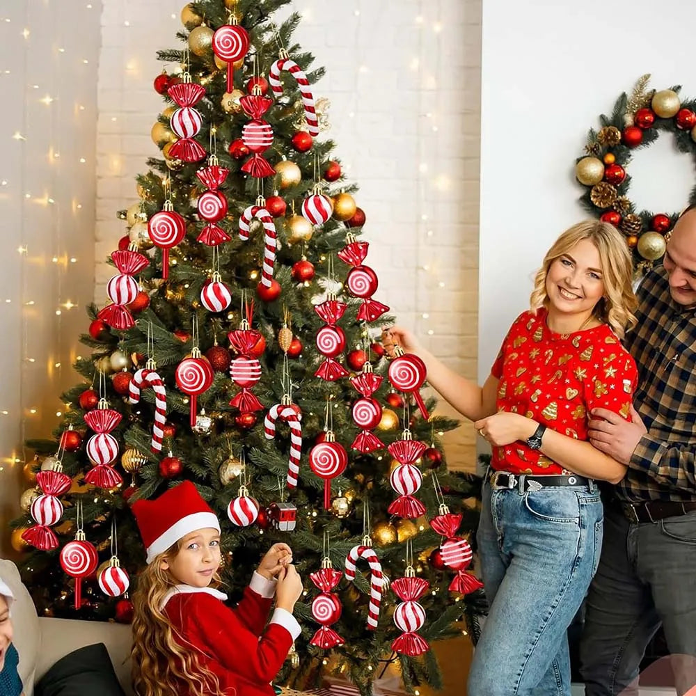 Canne de Bonbon & Pomme de Pin Rouge Or – Décoration Sapin Noël 2025 Tendance, Ornement Suspendu