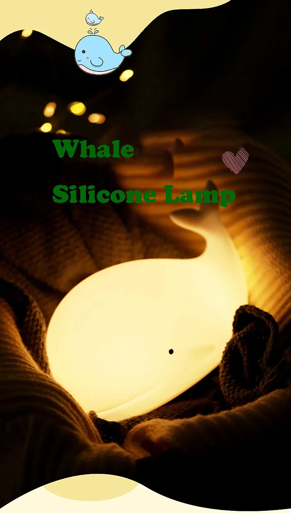 Veilleuse baleine bébé silicone — LED 7 Couleurs Tactile Rechargeable USB Minuterie 3h | Chambre Bébé & Enfant