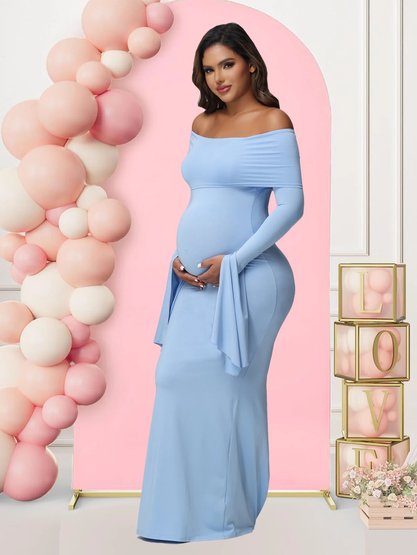 Robe Maternité Séance Photo — Épaules Dénudées, Manches Longues, Bodycon Grossesse