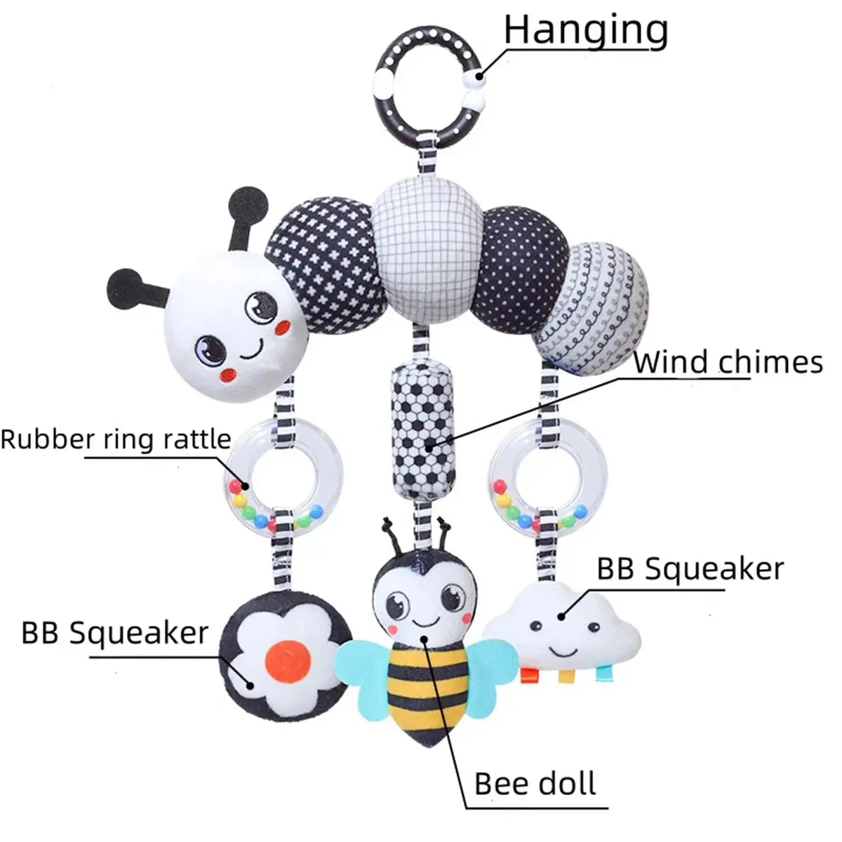 Hochet Suspendu Bébé Peluche Animal Noir & Blanc – Poussette Siège Auto Lit Éveil Nouveau-Né 0-36 Mois